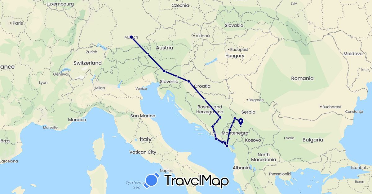 TravelMap itinerary: driving in Bosnia and Herzegovina, Germany, Croatia, Montenegro, Serbia, Slovenia (Europe)